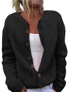 Women’s Black Solid Chunky Knit Button Down Cardigan Sweater Top